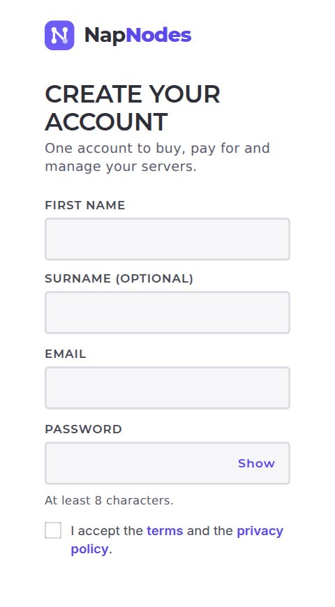 NapNodes sign-up screen: first name, email and password, no card