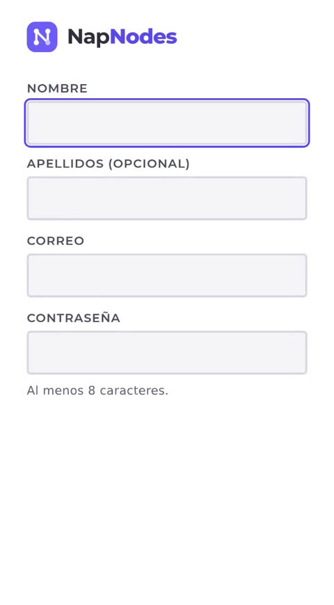 Pantalla de crear cuenta de NapNodes: nombre, correo y contraseña, sin tarjeta