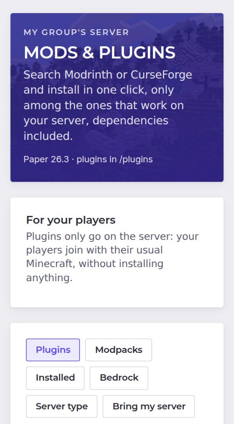 The panel's Mods & plugins screen: search Modrinth or CurseForge, modpacks and installed