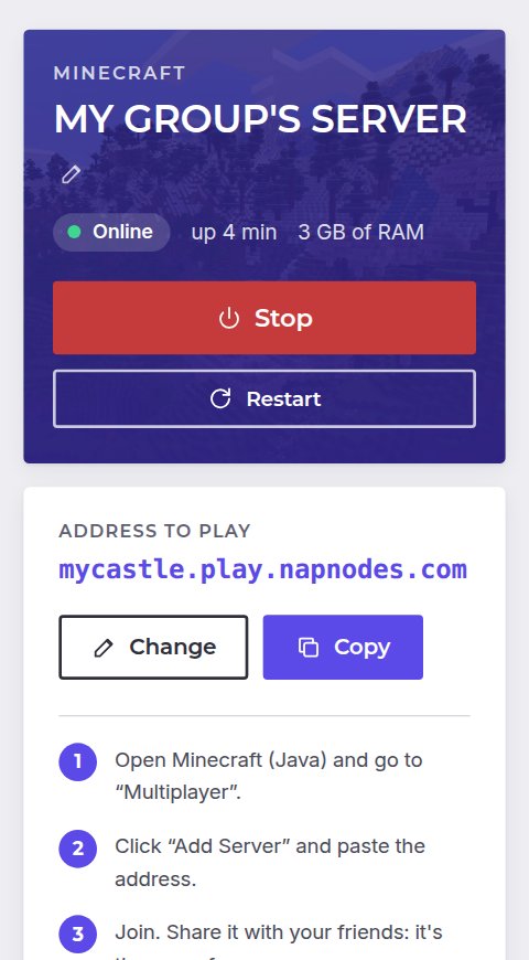 A Minecraft server in the panel: status Online, Stop and Restart buttons, and the address to play with a Copy button